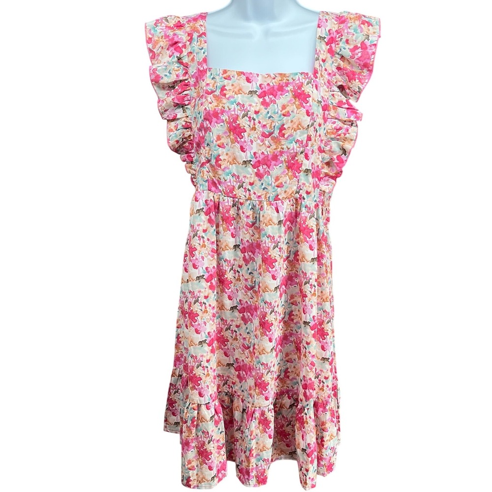 Floral Ruffle Sleeve Dress Women Medium Pink Square Neck Tie Back Cottage